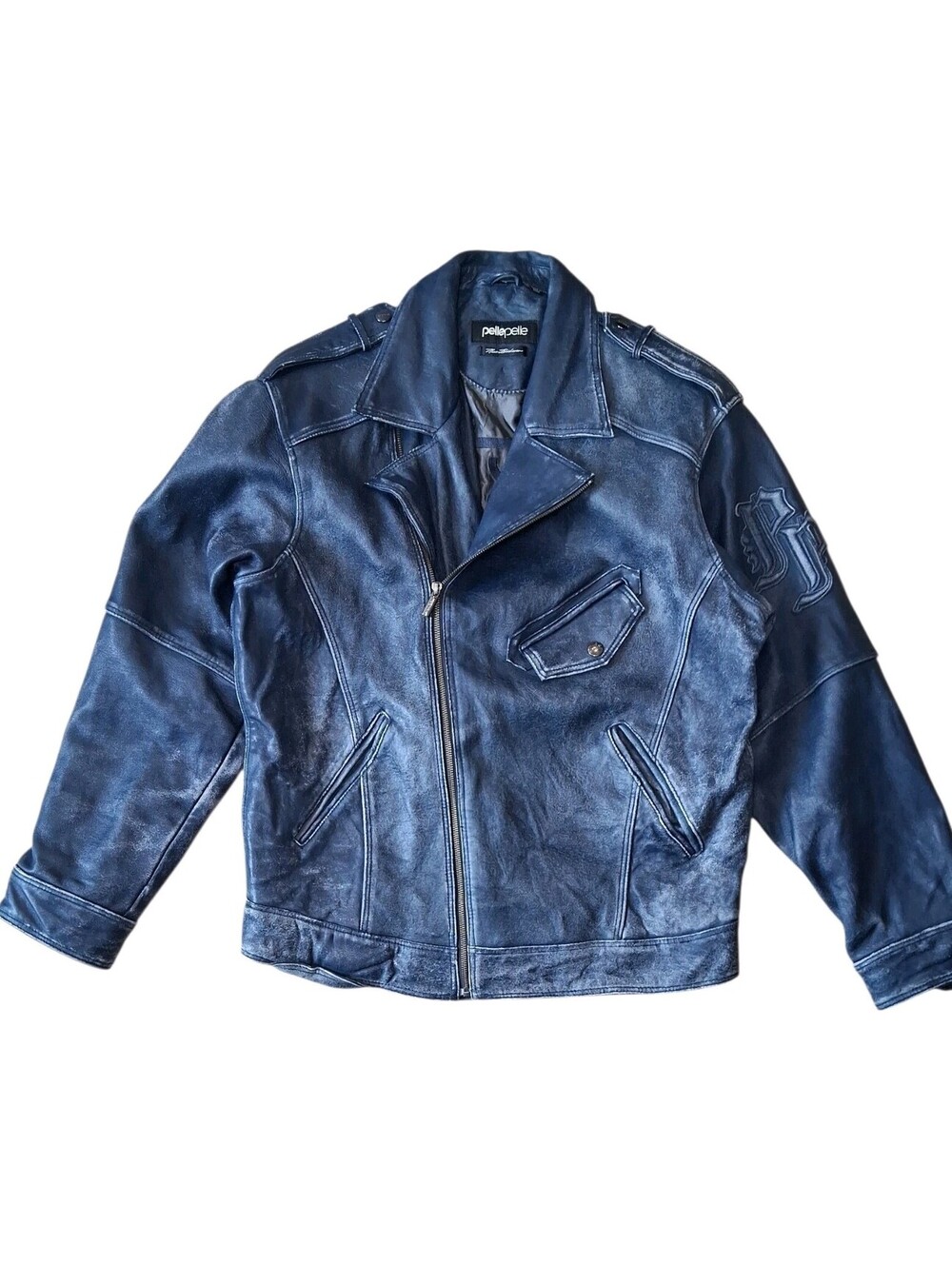Pelle Pelle Blue Distressed Leather Moto Jacket Mens 46/XL
